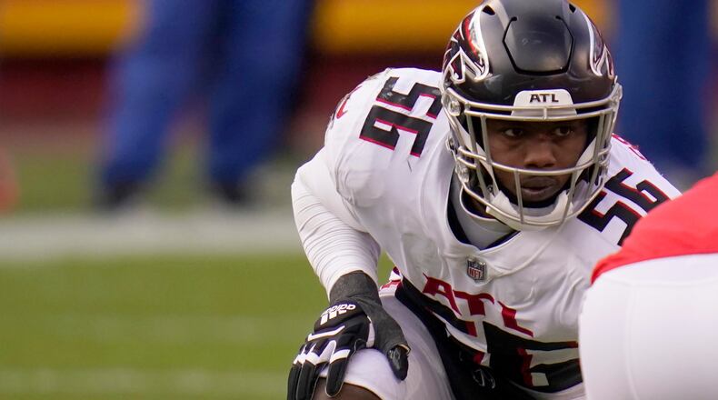 Atlanta Falcons defensive end Dante Fowler Jr. (56) takes up his position during the second half against the Kansas City Chiefs Sunday, Dec. 27, 2020, in Kansas City, Mo. (Jeff Roberson/AP)