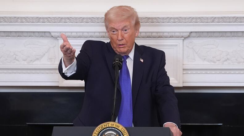 President Donald Trump speaks during a breakfast with the National Governors Association in the State Dining Room of the White House, Friday, Feb. 20, 2026, in Washington. (AP Photo/Evan Vucci)