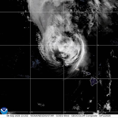 This satellite image provided by NOAA shows Hurricane Lowell near Hawaii on Tuesday, Sept. 8, 2026. (NOAA via AP)