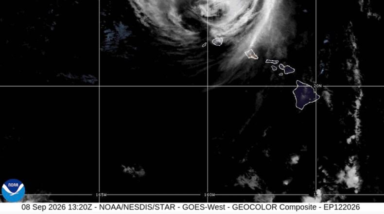 This satellite image provided by NOAA shows Hurricane Lowell near Hawaii on Tuesday, Sept. 8, 2026. (NOAA via AP)