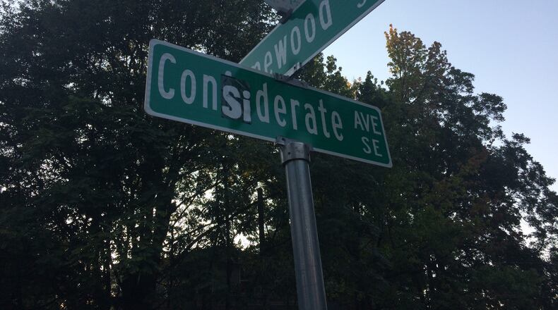 The intersection of Ormewood and Confederate avenues Tuesday. The sign was edited to change the street name to Considerate Avenue.
