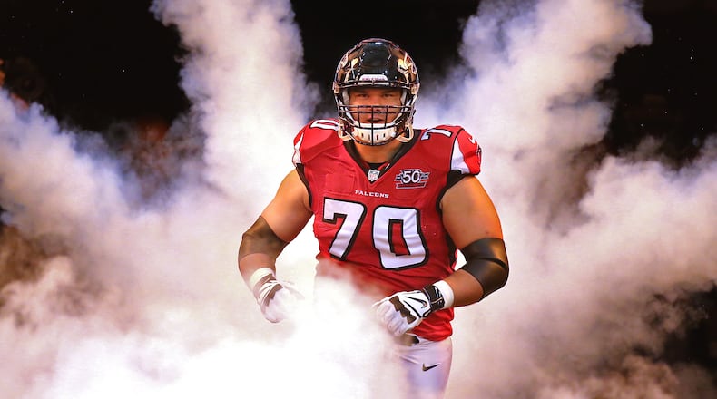 122815 ATLANTA: Falcons tackle Jake Matthews takes the field to play the Panthers in a football game on Sunday, Dec. 27, 2015, in Atlanta. Curtis Compton / ccompton@ajc.com