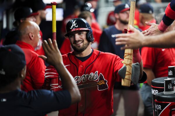 Braves third baseman Austin Riley celebrates a Friday night home run. (Jason Getz/AJC)
