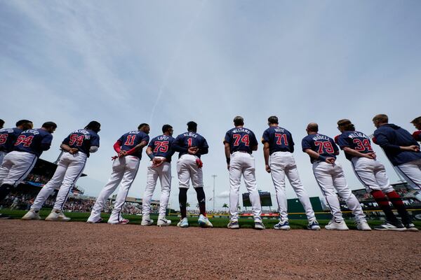 Braves players line up before a 2024 spring training game.