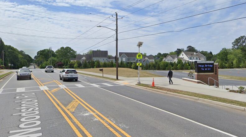 Roswell has cancelled plans for the Woodstock Road Northbound Left-turn Lane project at Crabapple Middle School. (Google Maps)