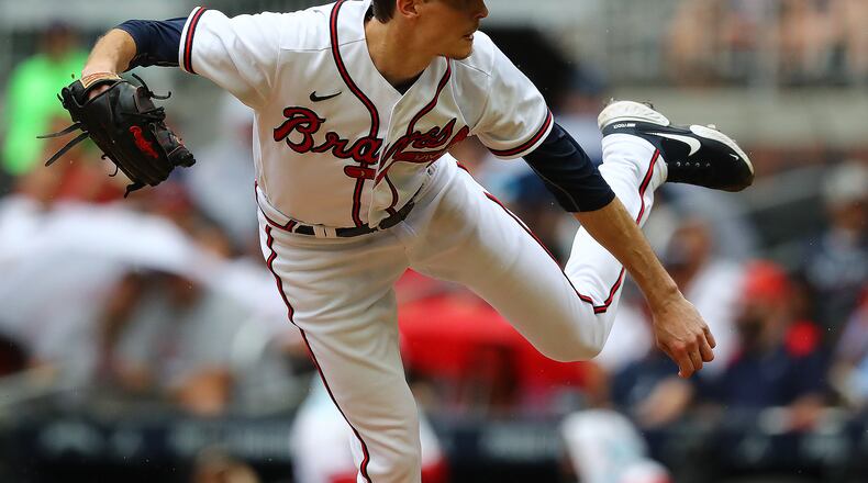 Braves starting pitcher Max Fried delivers against the Marlins during the fifth inning Sunday at Truist Park. (Curtis Compton / Curtis Compton@ajc.com)