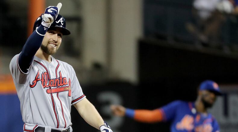 NEW YORK, NY - SEPTEMBER 26: Ender Inciarte #11 of the Atlanta Braves reacts after hitting a lead off double against the New York Mets on September 26, 2017 at Citi Field in Flushing neighborhood of the Queens borough of New York City. (Photo by Abbie Parr/Getty Images)