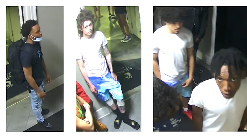 Atlanta police have released photos of three men suspected in a shooting that stemmed from a fight at a rooftop pool party in Buckhead.