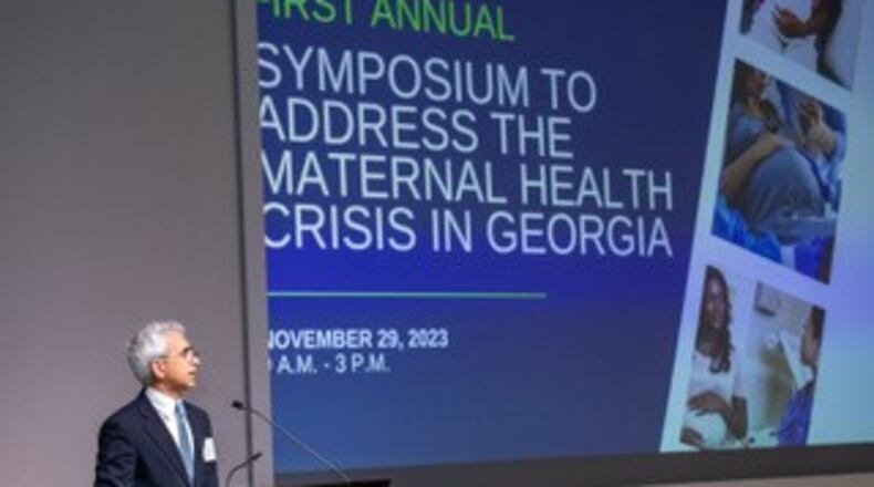 Dr. Ravi Thadhani, executive vice president for health affairs at Emory University, speaks at a 2023 conference on maternal mortality at Emory. (Courtesy of Emory University)