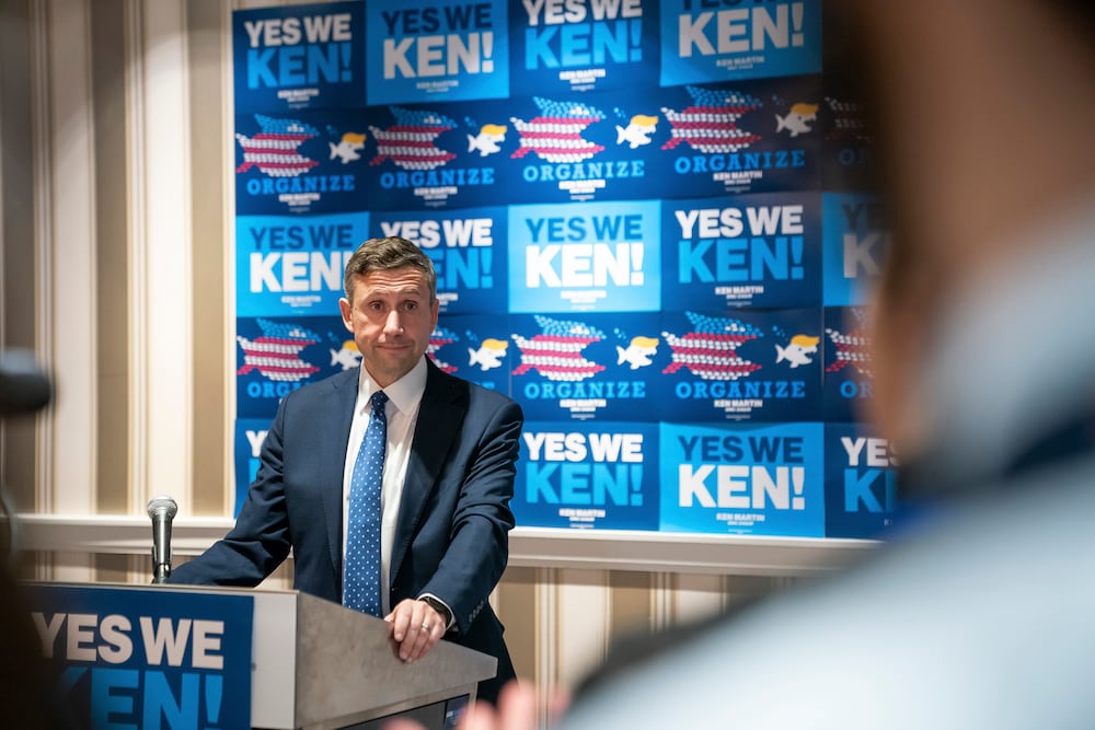 Ken Martin spoke with reporters after being elected the Democratic National Committee chair, in Oxon Hill, Md., in February. 