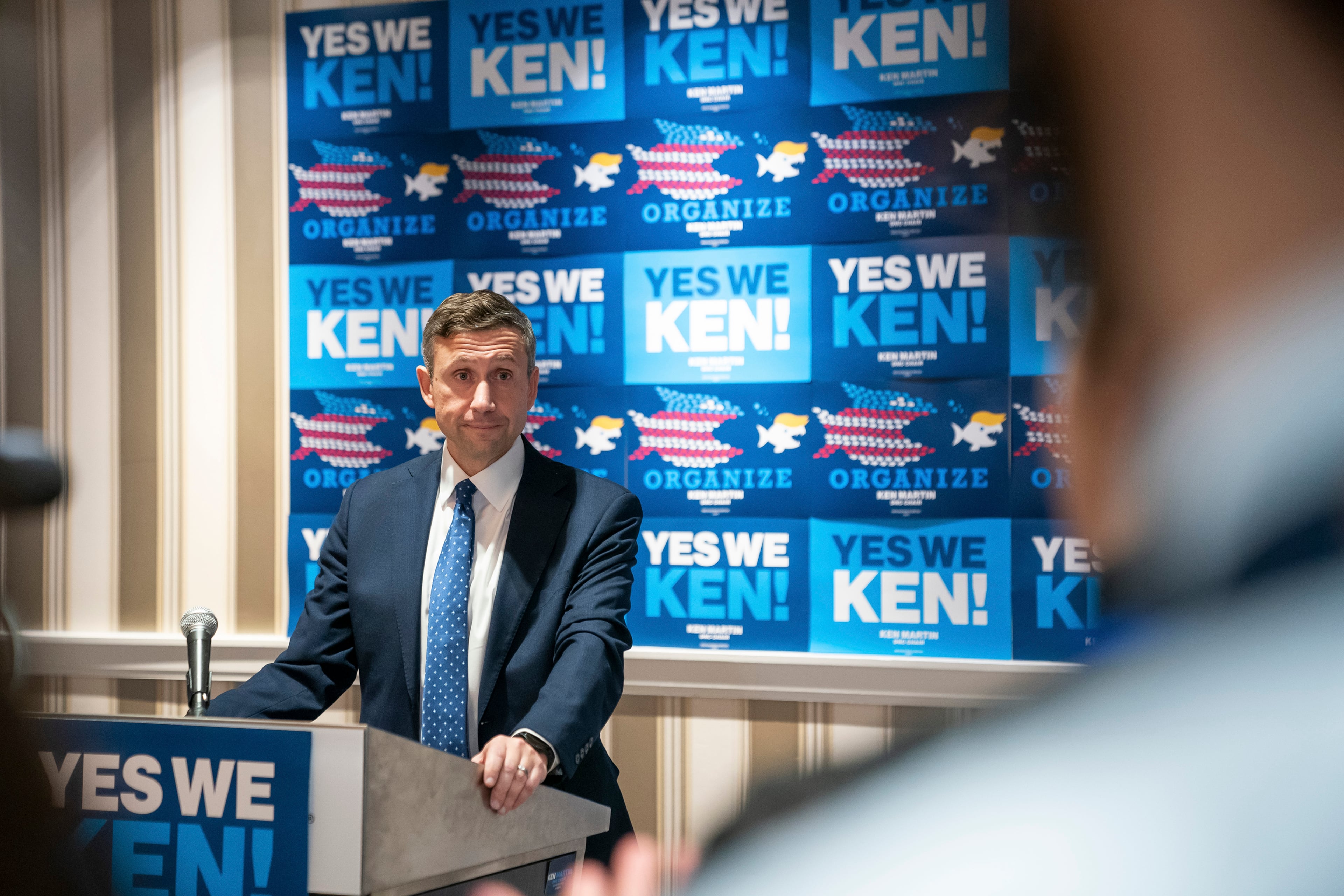 Ken Martin spoke with reporters after being elected the Democratic National Committee chair, in Oxon Hill, Md., in February.