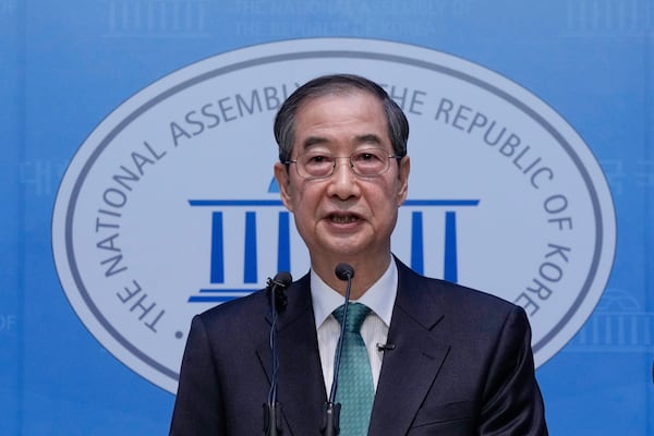 South Korean former Prime Minister Han Duck-soo speaks during a press conference to announce a presidential bid at the National Assembly in Seoul, South Korea, Friday, May 2, 2025. (AP Photo/Ahn Young-joon)