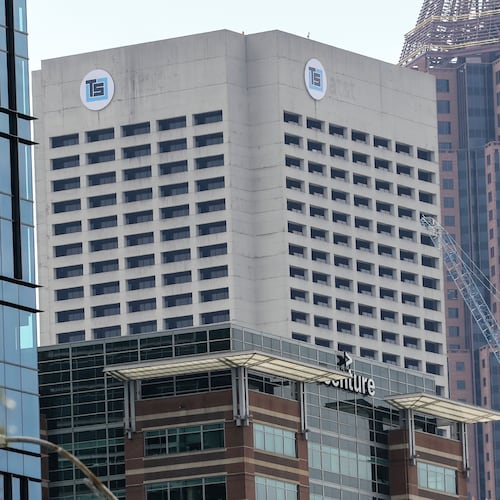 A Tower Square signature logo now sits atop what was the old AT&T building at 675 West Peachtree St. in Midtown Atlanta. (John Spink/AJC 2020)