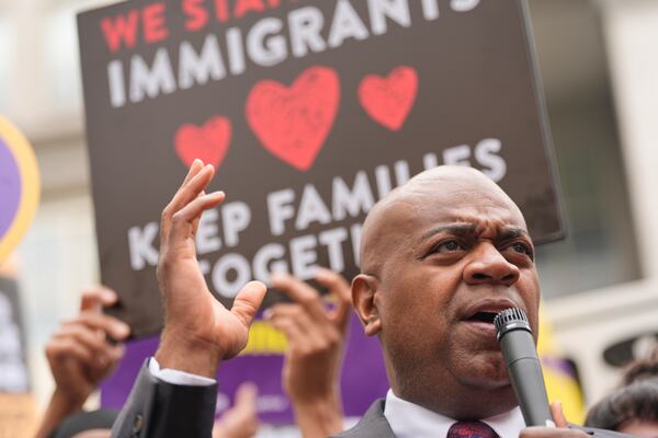 Mayor Ras Baraka speaks to supporters and media after a court appearance in Newark, N.J., Thursday, May 15, 2025. (AP Photo/Seth Wenig)