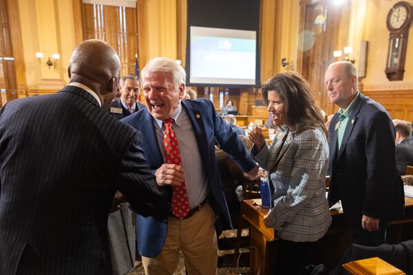 House Speaker Jon Burns, R-Newington (second from the left) recently enjoyed a lighthearted moment with lawmakers at the Capitol in Atlanta. (Arvin Temkar/AJC)