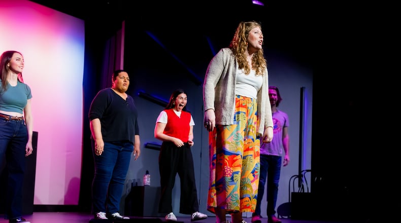 Gabriella Gordon (from left), Leslie Johnson, Allison Salinger, Madeline Evans and Clint Sowell ham it up for audiences in "Mother, May I Sleep with Improv?" at Dad's Garage. (Courtesy of Nick Sketchety)