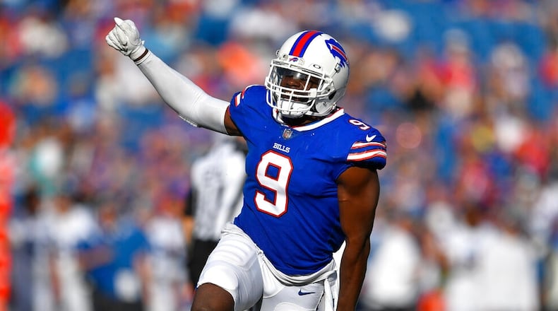 Buffalo Bills linebacker Andre Smith celebrates after sacking Indianapolis Colts quarterback Sam Ehlinger. (AP Photo/Adrian Kraus)