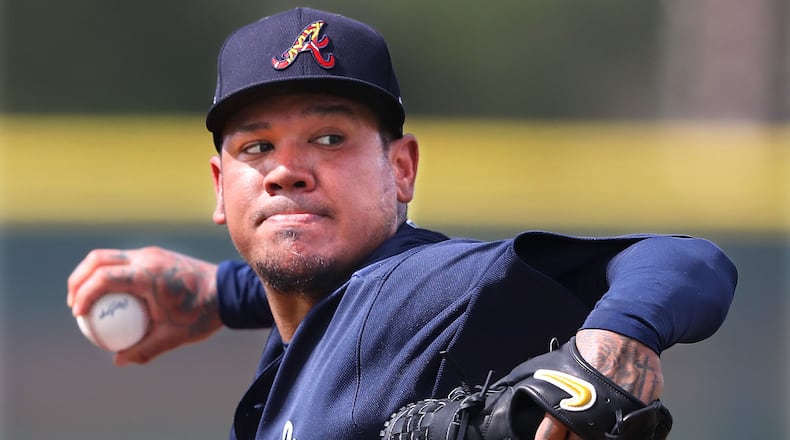 Braves pitcher Felix Hernandez delivers a pitch during the first live batting session during spring training at CoolToday Park on Wednesday, Feb. 19, 2020, in North Port.  Curtis Compton ccompton@ajc.com