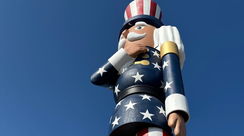 Verne the Patriot, a nutcracker sculpture, is unveiled in Luverne, Minn., Saturday, July 18, 2026. (AP Photo/Sarah Raza)