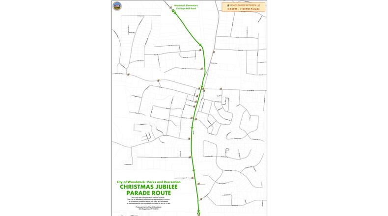 Map depicts the parade route and road closures for the Christmas Jubilee Parade of Lights, to be held Dec. 2 in Woodstock. Parts of Rope Mill Road and Main Street will be closed from 4:45 to 7 p.m. CITY OF WOODSTOCK