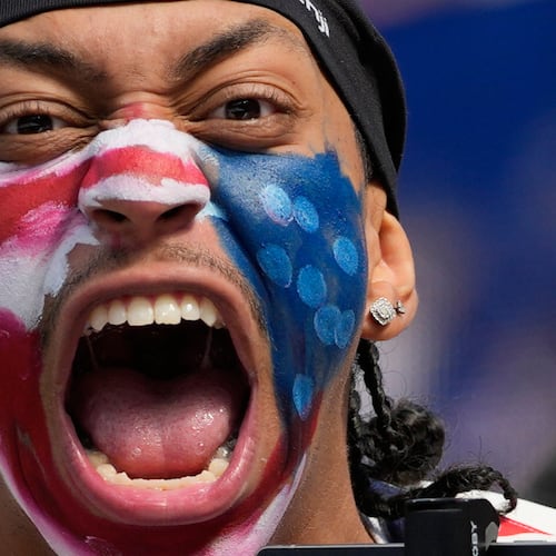 A United States fan cheers prior to the World Cup Group D soccer match between the United States and Paraguay in Inglewood, Calif., near Los Angeles, Friday, June 12, 2026. (AP Photo/Andre Penner)