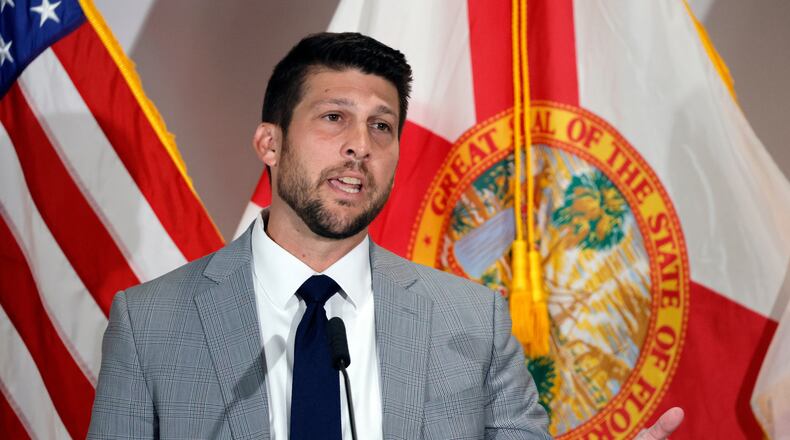 FILE - Florida Attorney General James Uthmeier speaks during a news conference at Palm Beach State College in Lake Worth, Fla., Aug. 20, 2025. (Amy Beth Bennett/South Florida Sun-Sentinel via AP, File)