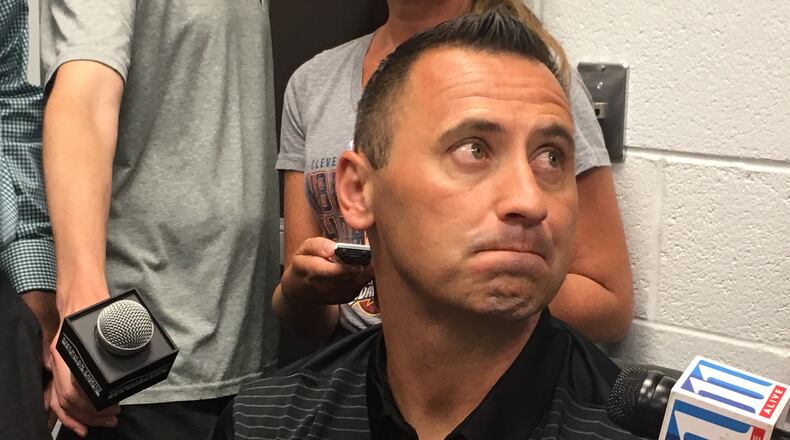 Falcons offensive coordiantor Steve Sarkisian here chatting with the local media on Wednesday in Flowery Branch. (By D. Orlando Ledbetter/dledbetter@ajc.com)