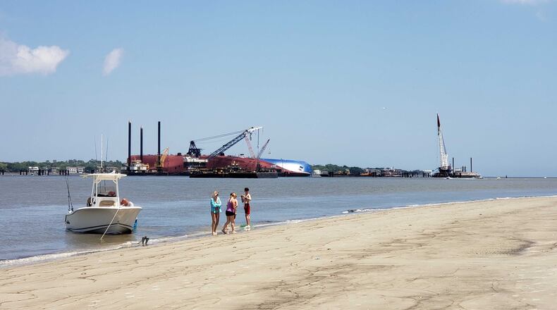The capsized Golden Ray, which has been beached on its side since Sept. 8, 2019, can be seen from Jekyll Island. GEORGE MATHIS/AJC
