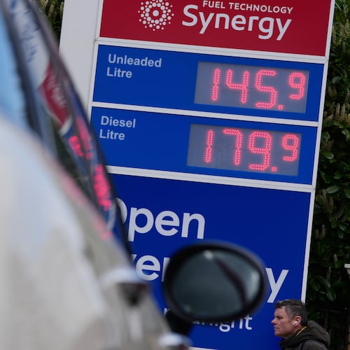 FILE - Prices are shown on a board at a gas station in London, England, Monday, March 30, 2026. (AP Photo/Kin Cheung, File)