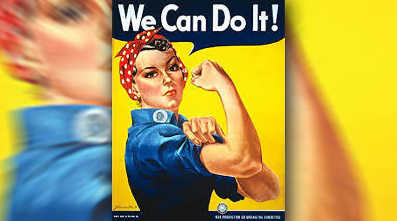 “Rosie the Riveter,” shown dressed in overalls and bandanna, was introduced as a symbol of patriotic womanhood in the 1940s.