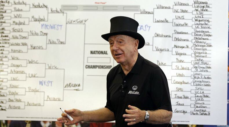 Basketball analyst Dick Vitale explains his bracket picks Tuesday in Indianapolis.