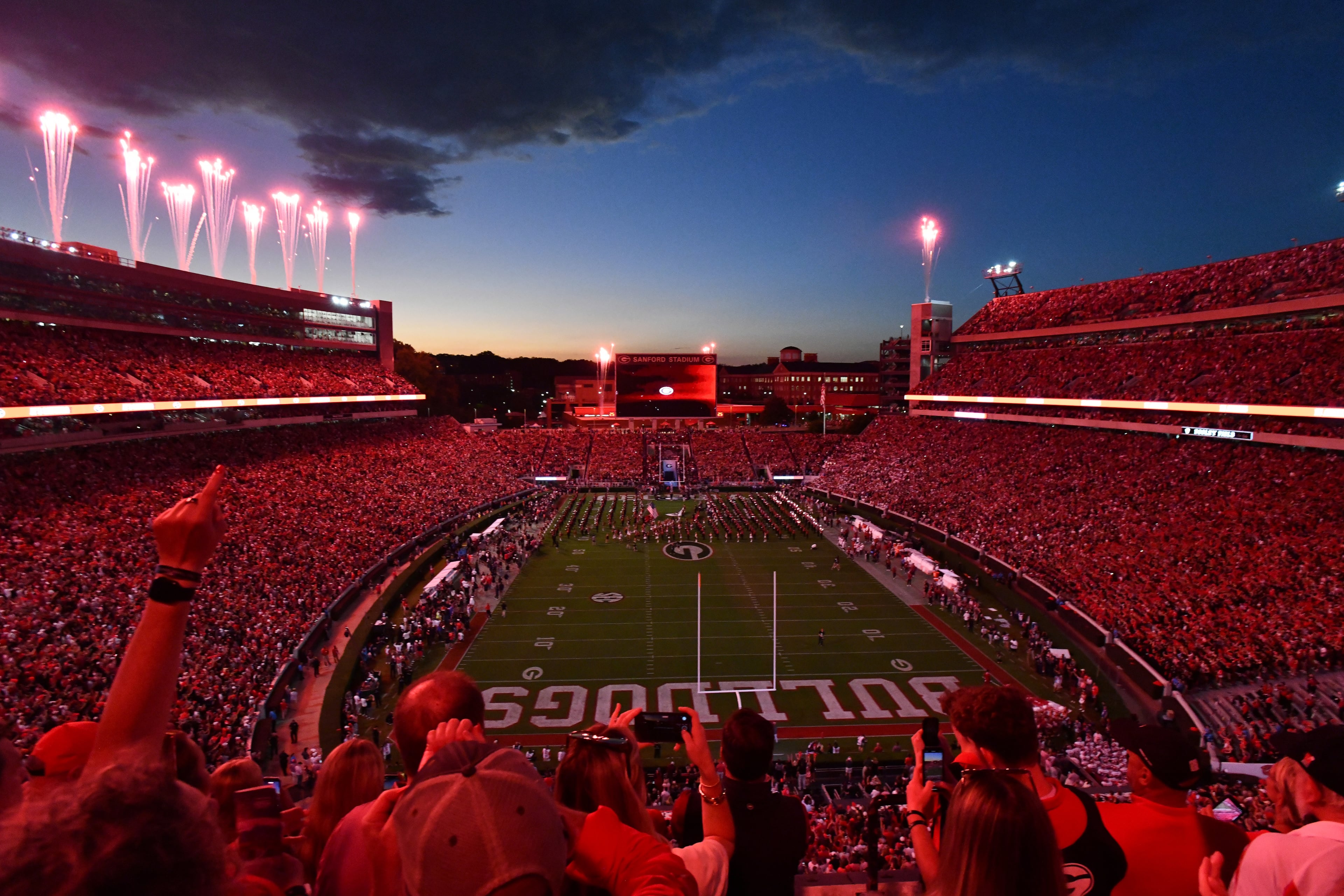 Sanford Stadium had a lights display before Georgia game against Alabama at Sanford Stadium, Saturday, September 27, 2025, in Athens. (Hyosub Shin / AJC)
