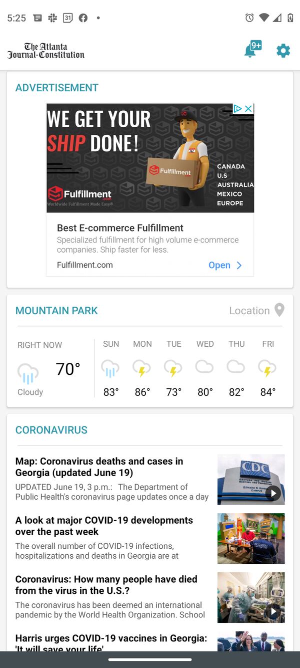 Tap the weather icon on the app for current forecast, conditions and Atlanta weather radar.