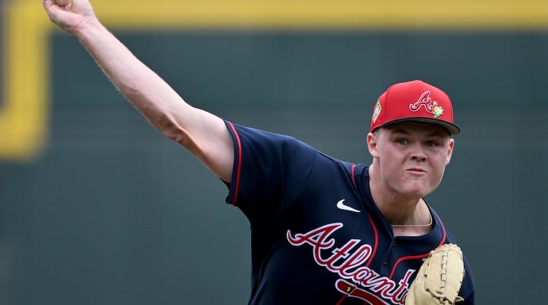 Atlanta Braves pitcher Garrett Baumann throws during a batting practice session in February. Baumann has been reassigned to minor-league camp. (Hyosub Shin/AJC)
