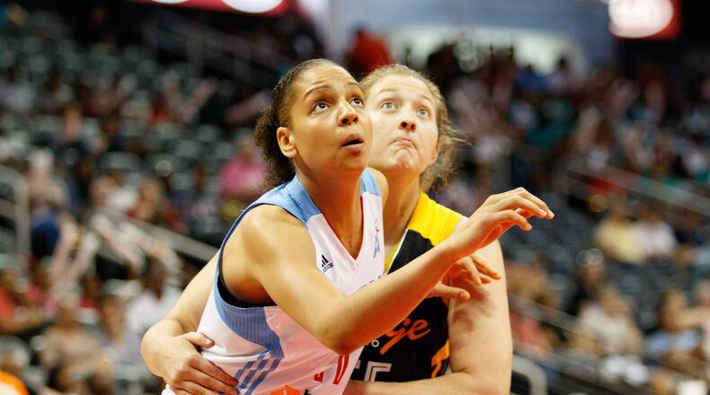 07 July 2015: Atlanta’s Cierra Burdick (left) in Atlanta Dream 85-75 loss to the Tulsa Shock at Philips Arena in Atlanta, GA. (Icon Sportswire via AP Images)