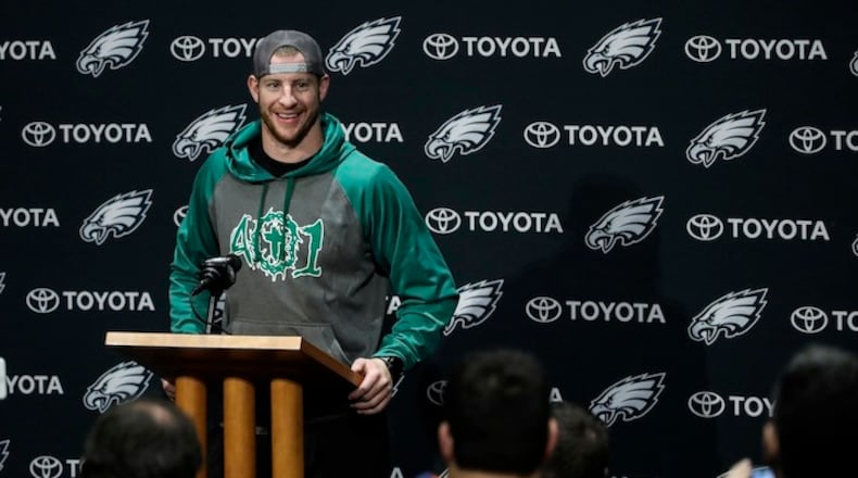 Philadelphia Eagles quarterback Carson Wentz speaks with members of the media during a news conference at the team's NFL football training facility in Philadelphia, Wednesday, Nov. 29, 2017. (AP Photo/Matt Rourke)