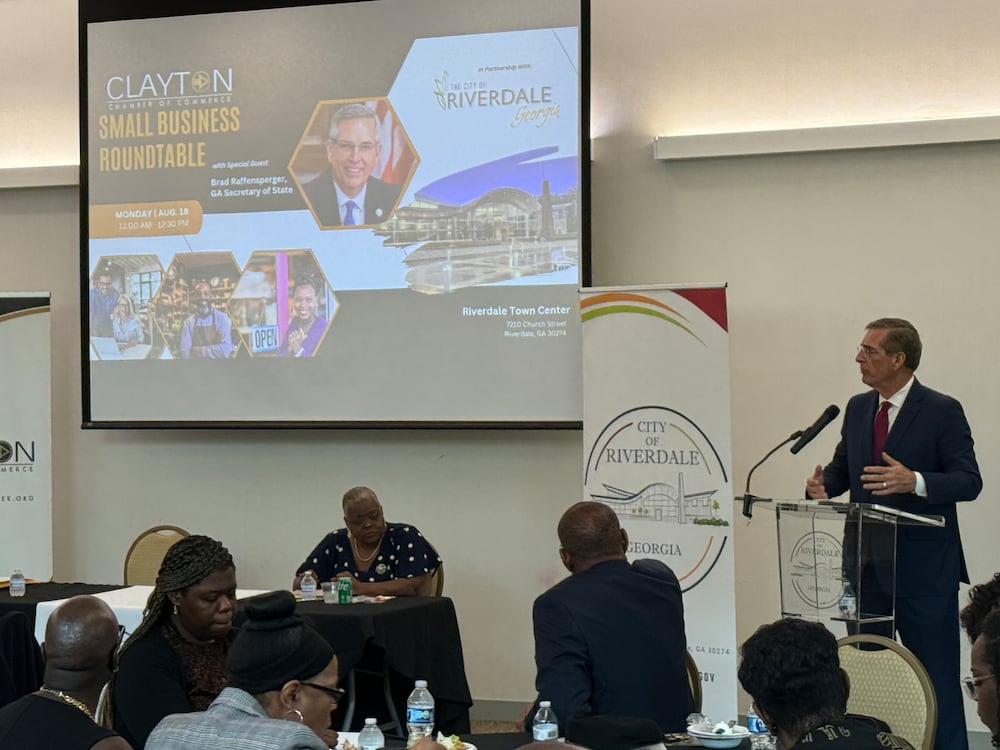 Georgia Secretary of State Brad Raffensperger focused on broader political issues during an address in Clayton County on Monday.