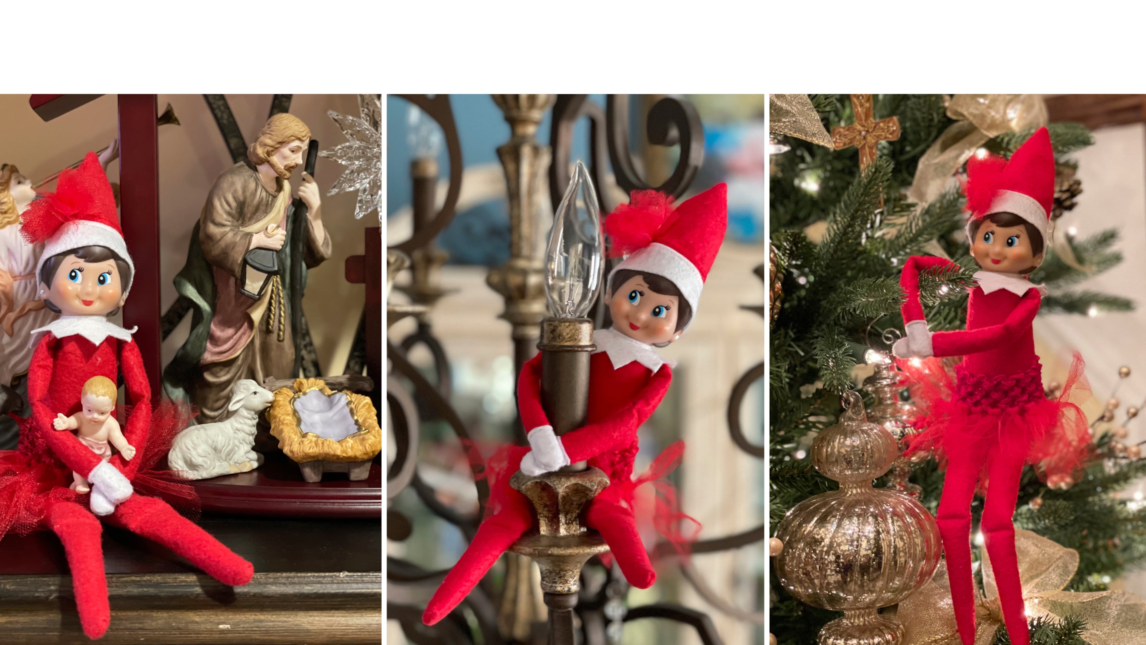 This combination of photos shows an Elf on the Shelf doll in various locations at the home of Antonia Katsanos in Totowa, N.J. in December 2020-2021. (Antonia Katsanos via AP)