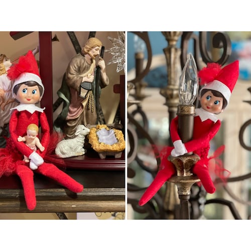 This combination of photos shows an Elf on the Shelf doll in various locations at the home of Antonia Katsanos in Totowa, N.J. in December 2020-2021. (Antonia Katsanos via AP)