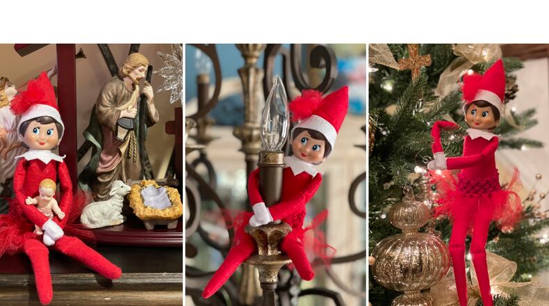This combination of photos shows an Elf on the Shelf doll in various locations at the home of Antonia Katsanos in Totowa, N.J. in December 2020-2021. (Antonia Katsanos via AP)