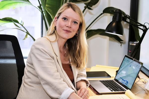 Jane Ferguson, founder of Noosphere, is photographed in the site's office, in New York, Wednesday, June 25, 2025. (AP Photo/Richard Drew)