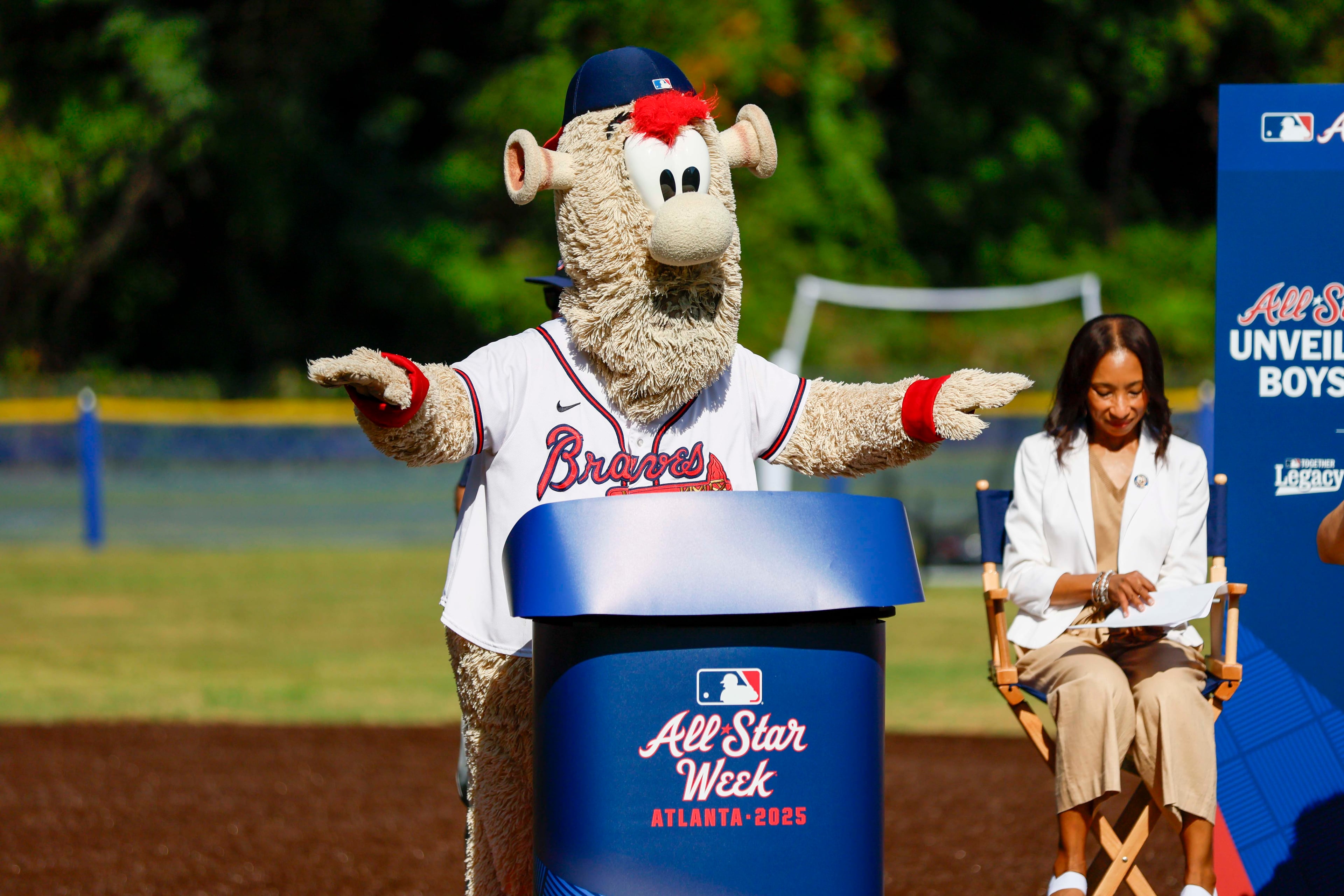 The Atlanta Braves mascot, The Blooper, pretends to give a speech during the unveiling of the new All-Star Legacy Field at the Barksdale Boys & Girls Club in Conyers on Thursday, July 10, 2025. The event takes place during the MLB All-Star Game week in Atlanta.
(Miguel Martinez/ AJC)