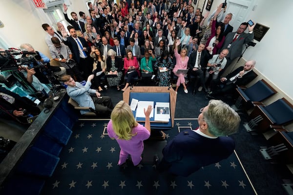 White House press secretary Karoline Leavitt and Treasury Secretary Scott Bessent participate in a press briefing at the White House, Tuesday, April 29, 2025, in Washington. (AP Photo/Evan Vucci)
