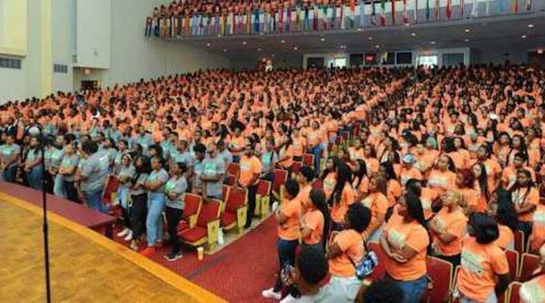 Students from Clark Atlanta University, Morehouse and Spelman colleges gather on Aug. 13, 2017 for an event promoting student unity in the Atlanta University Center. Photo Credit: Curtis McDowell