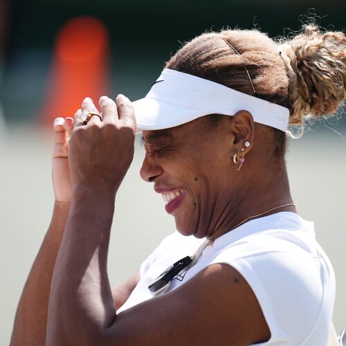 Serena Williams of the U.S. reacts during a practice session, ahead of the Wimbledon Tennis Championships, at the All England Lawn Tennis and Croquet Club, in London, Saturday June 27, 2026. (John Walton/PA via AP)