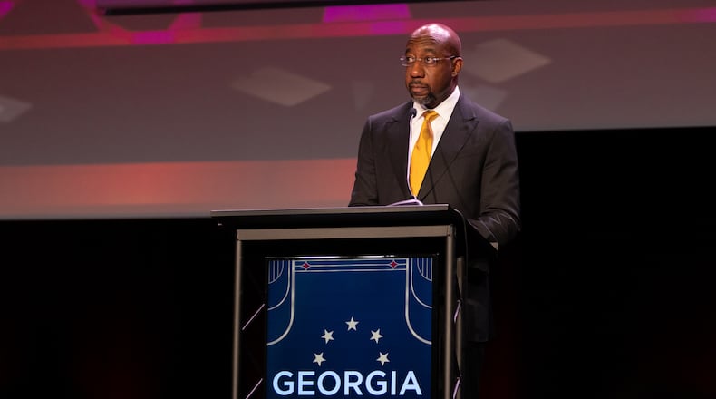 Senator Reverend Raphael Warnock (D-GA) speaks at the Georgia Chamber’s “Eggs & Issues” breakfast at the Fox Theatre in downtown Atlanta, Georgia on January 12th, 2022. (Nathan Posner for The Atlanta Journal-Constitution)