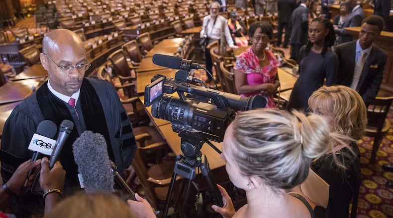 09/04/2018 — Atlanta, Georgia — Newly appointed Georgia Supreme Court Chief Justice Harold D. Melton (left) takes questions from the press after being sworn in during the official oath taking ceremony for the Georgia Supreme Court at the State Capitol in Atlanta, Thursday, August 30, 2018. (ALYSSA POINTER/ALYSSA.POINTER@AJC.COM)