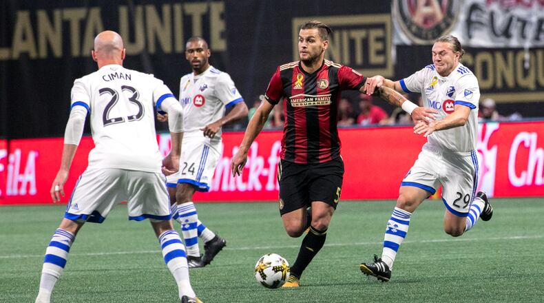 Atlanta United's Leandro Gonzalez (5) looks to pass during the first half of a MLS soccer game against Montreal Impact at Mercedes-Benz Stadium, Sunday, Sept. 24, 2017, in Atlanta. BRANDEN CAMP/SPECIAL