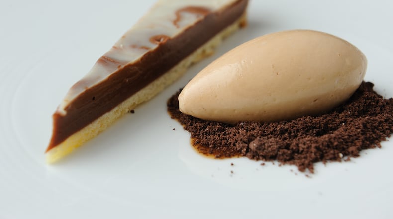 Chocolate-buttermilk tart, caramelized milk sorbet from Staplehouse. (BECKYSTEIN.COM)