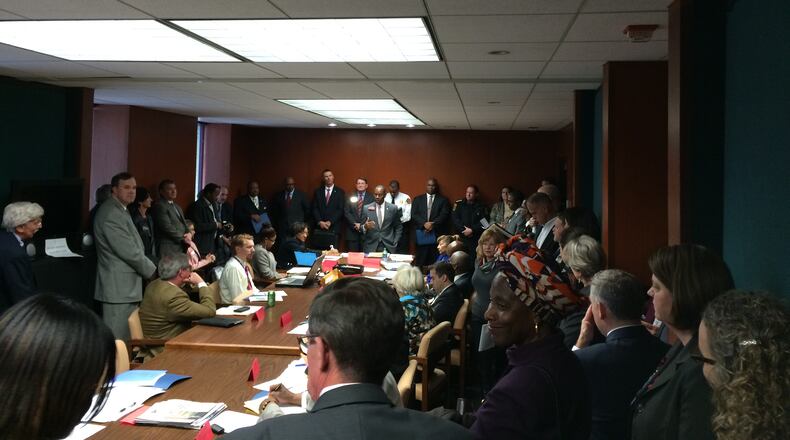 Rep. Howard Mosby, the chairman of DeKalb County's delegation, spoke at the group's first meeting of the 2015 legislative session Monday (MARK NIESSE / MARK.NIESSE@AJC.COM)